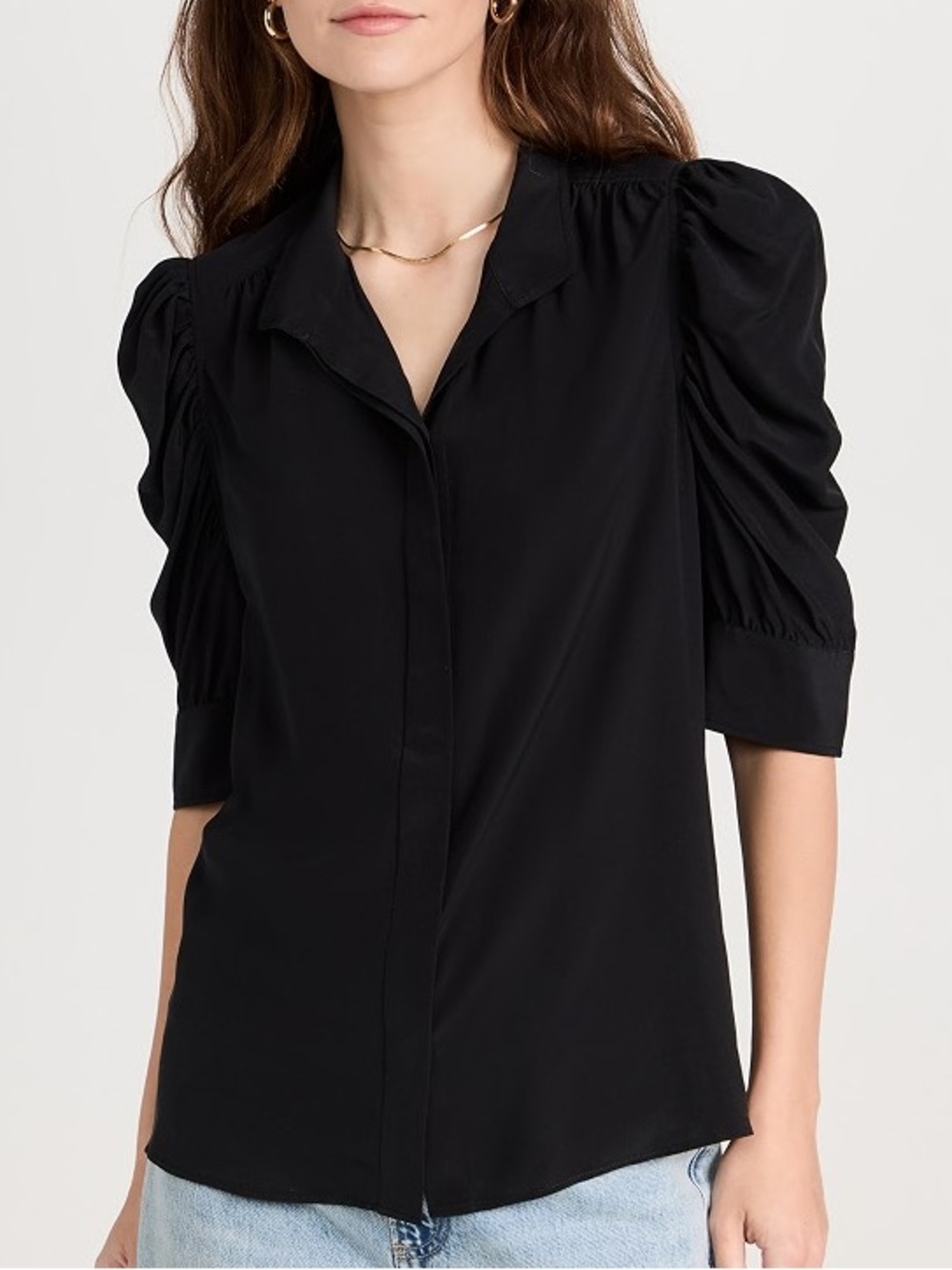 FRAME 100% Silk Gillian Black Silk Blouse Shirred Puff Sleeve Button-Up Size M